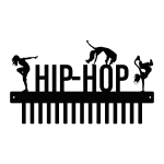 Black steel medal hanger with the word 'HIP-HOP' and three female dancers in various poses on top. Features 15 hooks for hanging medals.